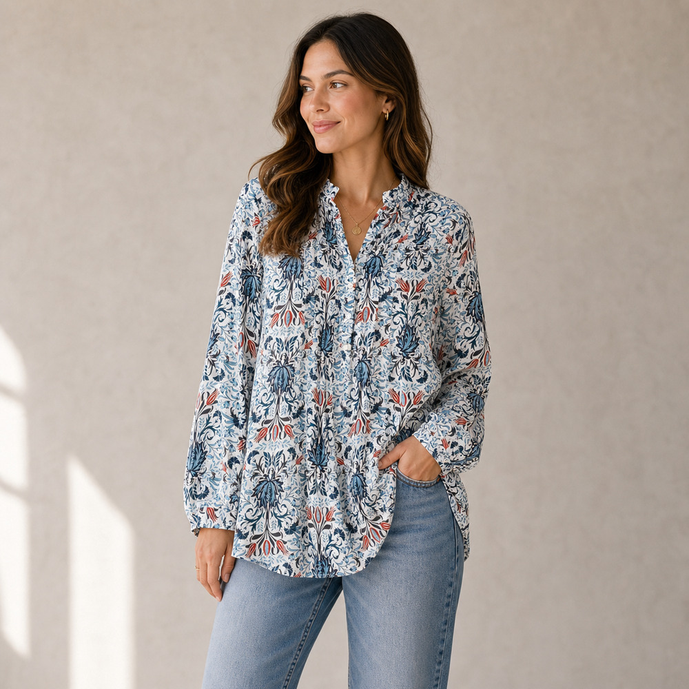 LOFT Blouse Women Large Floral Peasant Top Pintuck Keyhole Tie Flowy Feminine